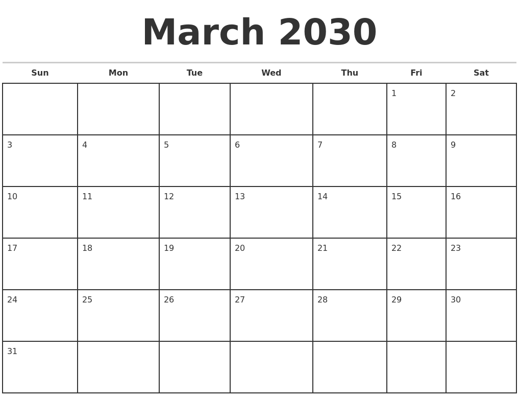 March 2030 Monthly Calendar Template