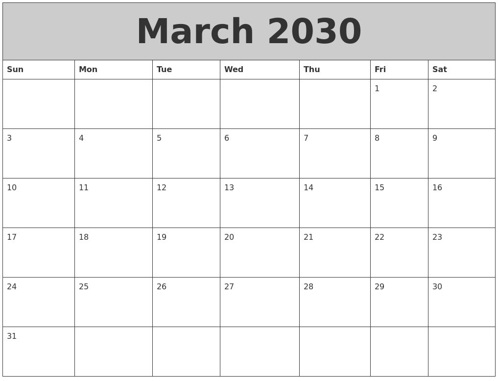 March 2030 My Calendar