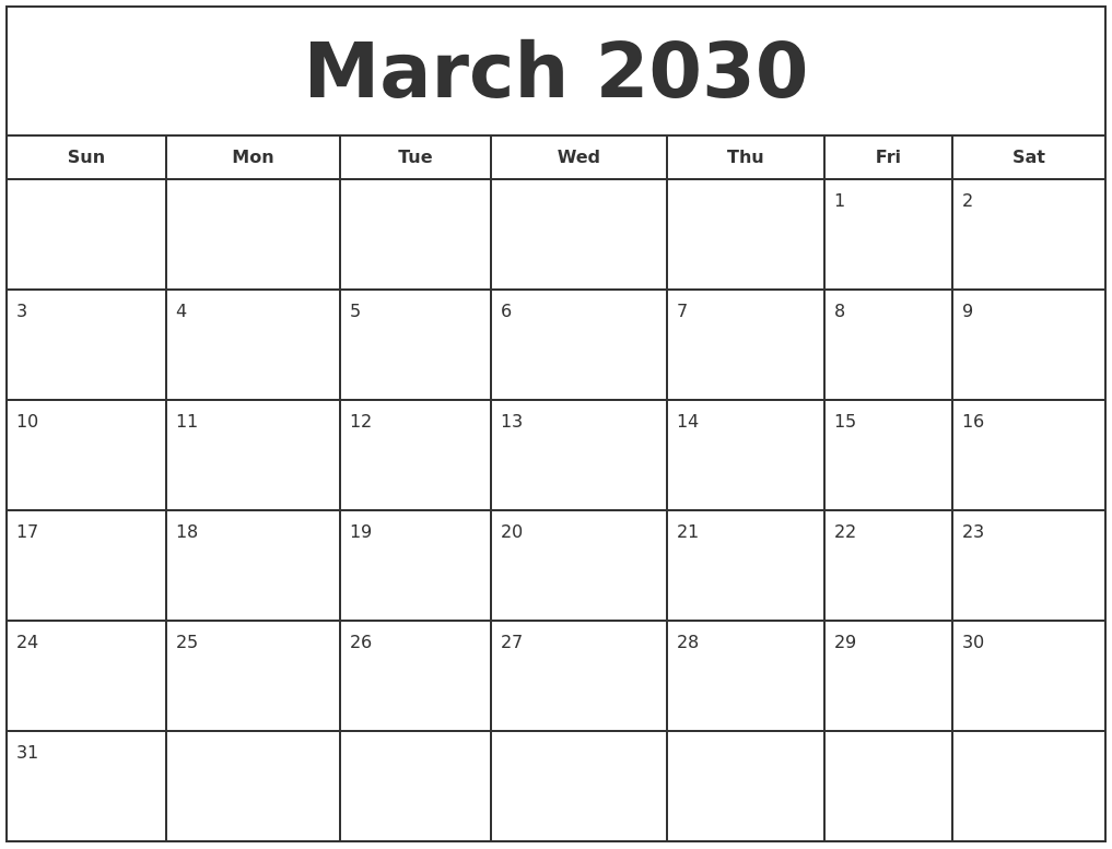 March 2030 Print Free Calendar