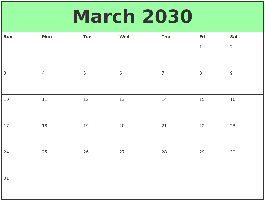 March 2030 Printable Calendars