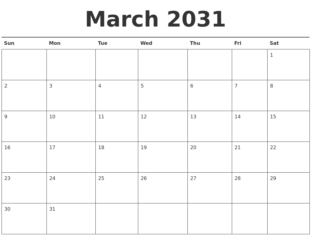 March 2031 Calendar Printable
