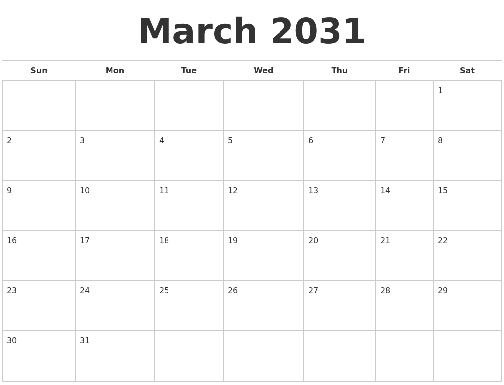 March 2031 Calendars Free