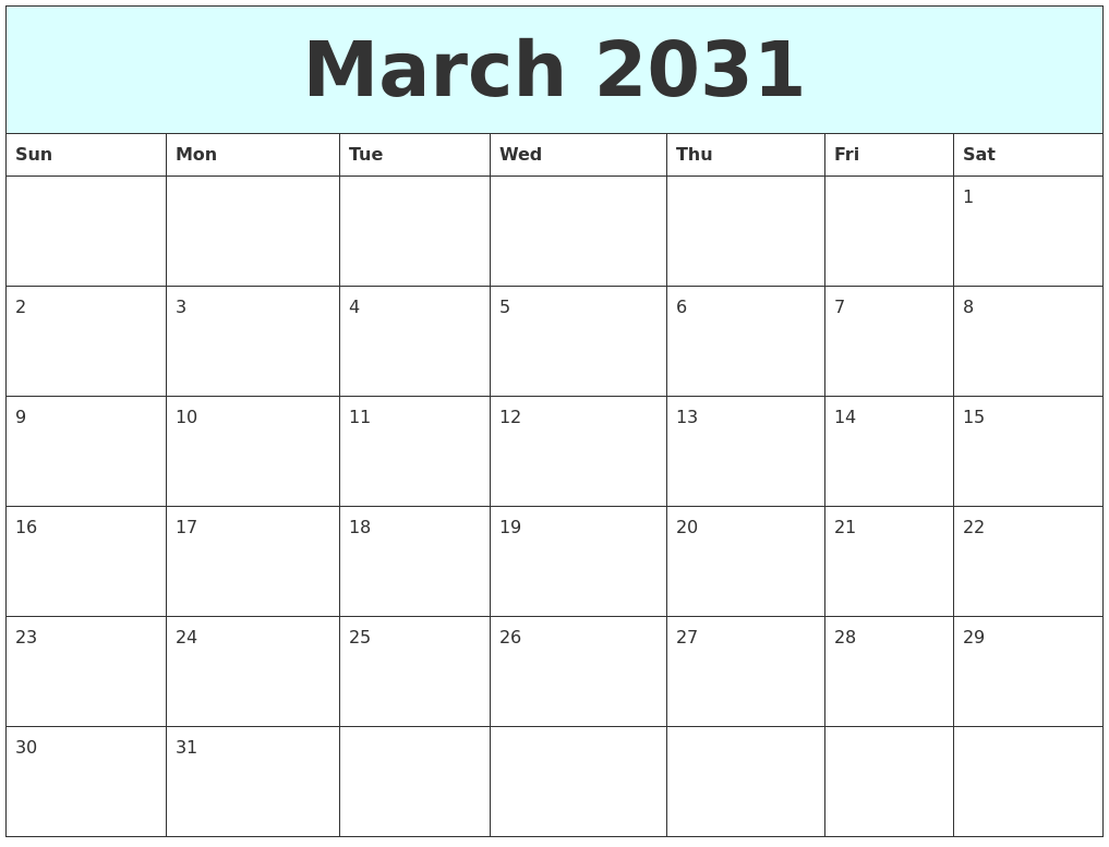 March 2031 Free Calendar