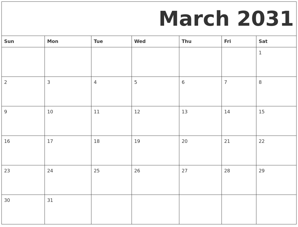 March 2031 Free Printable Calendar