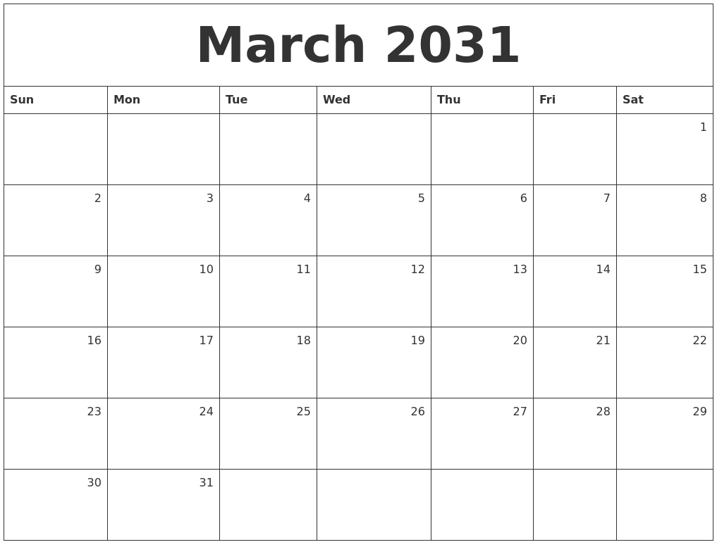 March 2031 Monthly Calendar