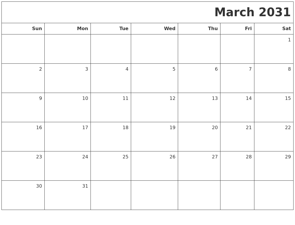 March 2031 Printable Blank Calendar