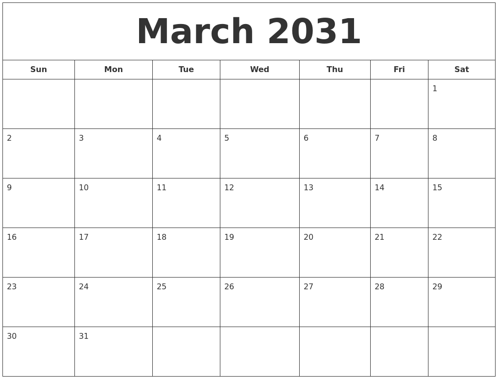 March 2031 Printable Calendar