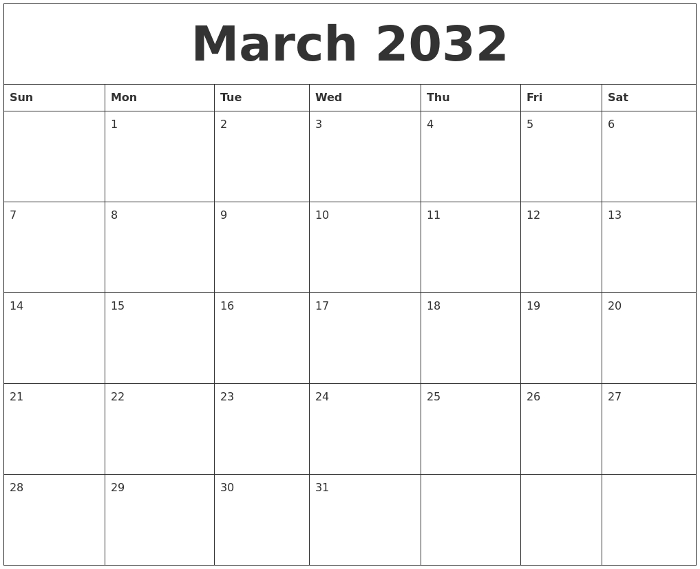 March 2032 Printable Calendars Free