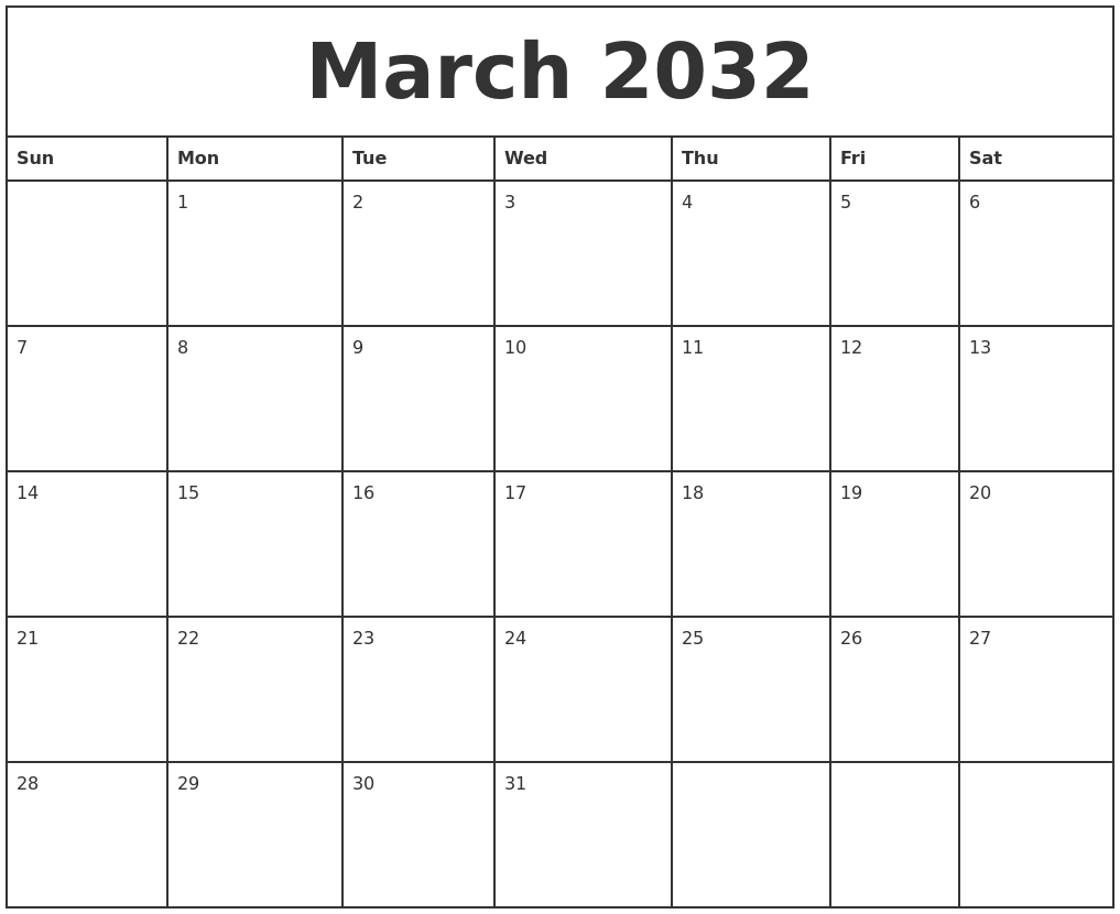 March 2032 Printable Monthly Calendar