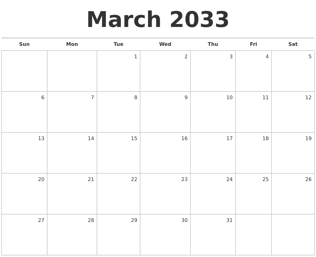 March 2033 Blank Monthly Calendar