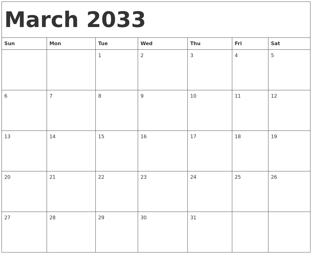 March 2033 Calendar Template