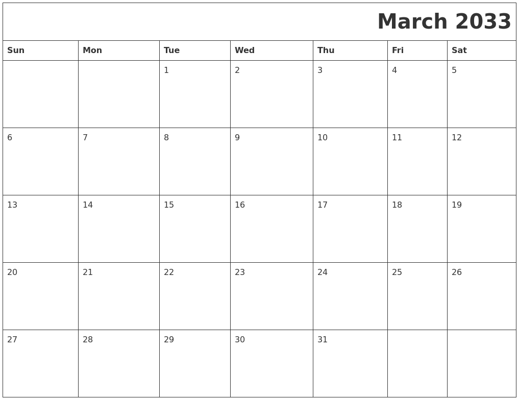 March 2033 Download Calendar