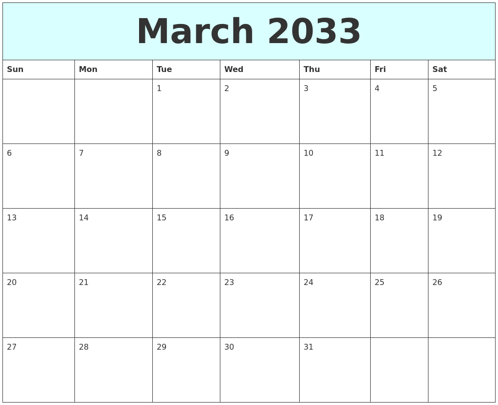 March 2033 Free Calendar