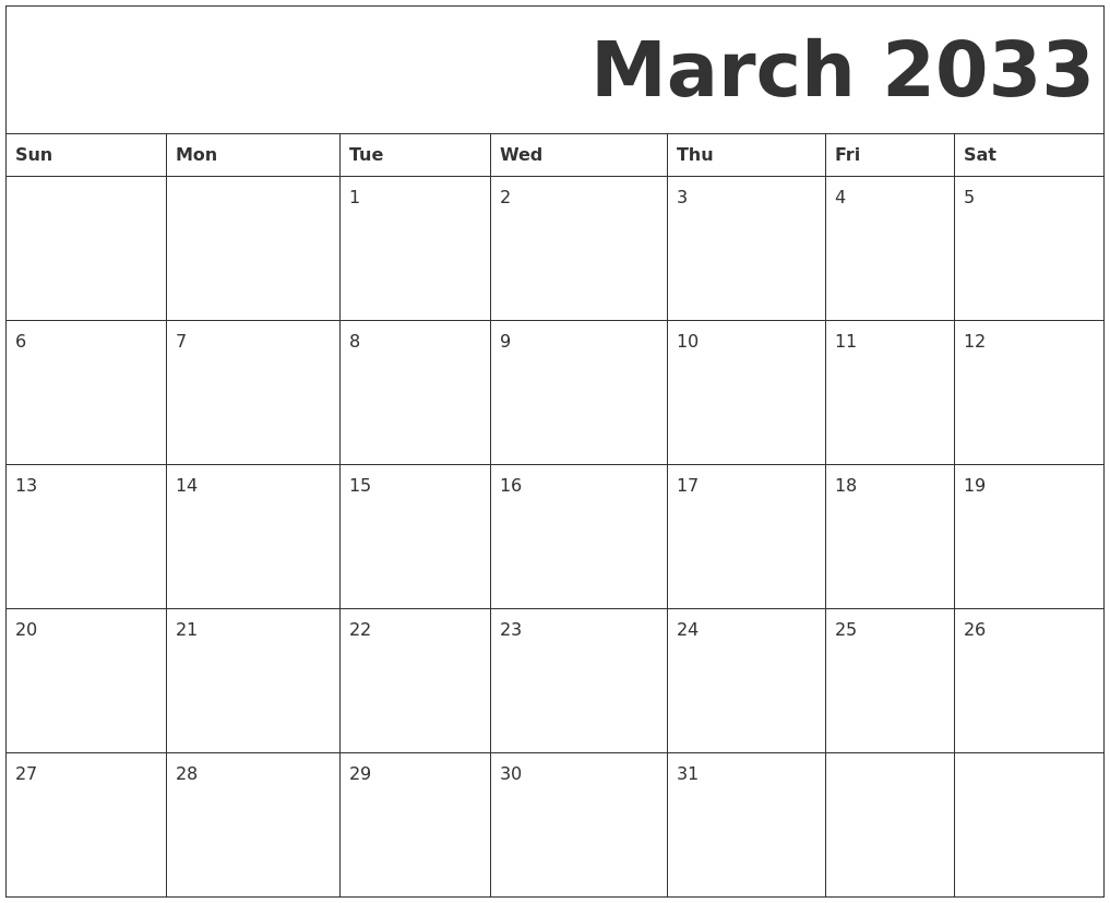 March 2033 Free Printable Calendar