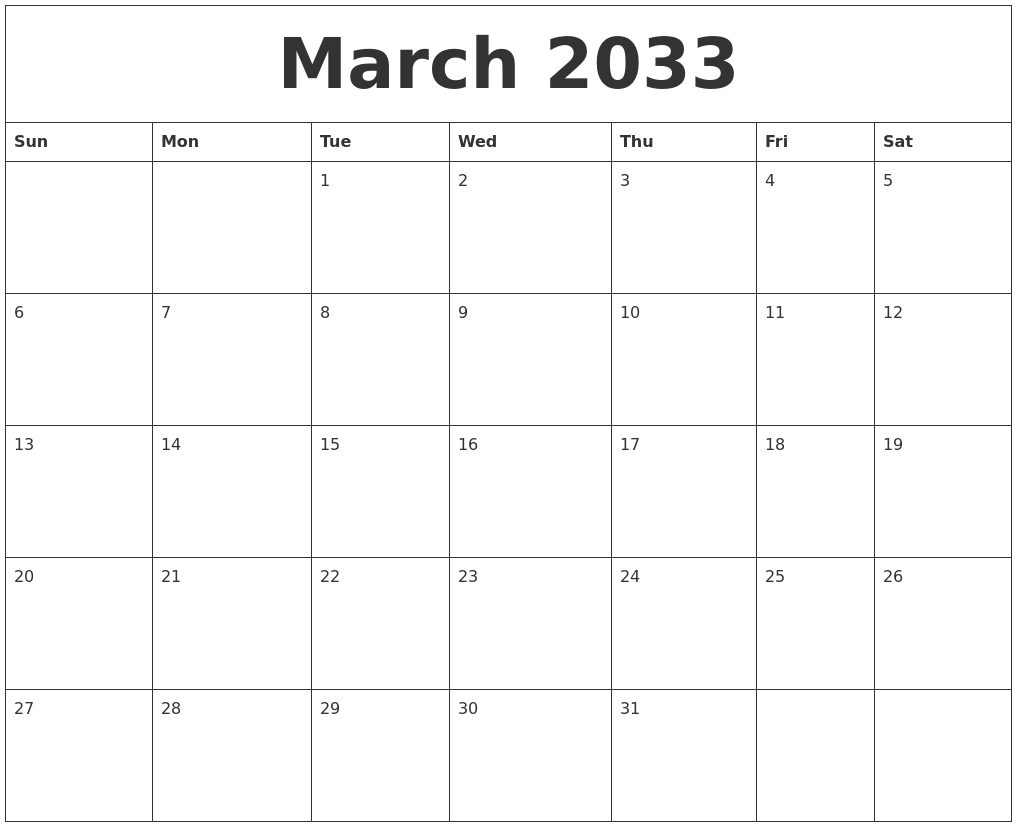 March 2033 Make A Calendar Free