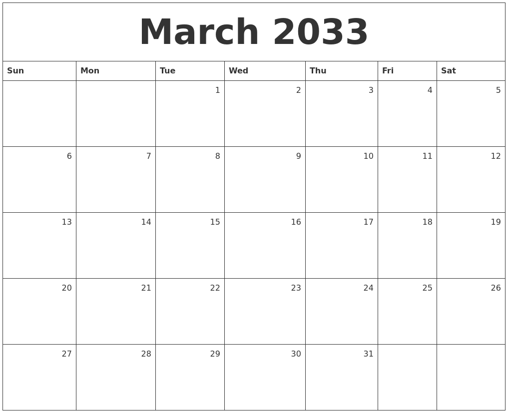 March 2033 Monthly Calendar