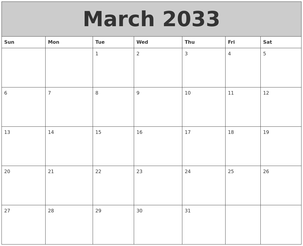 March 2033 My Calendar