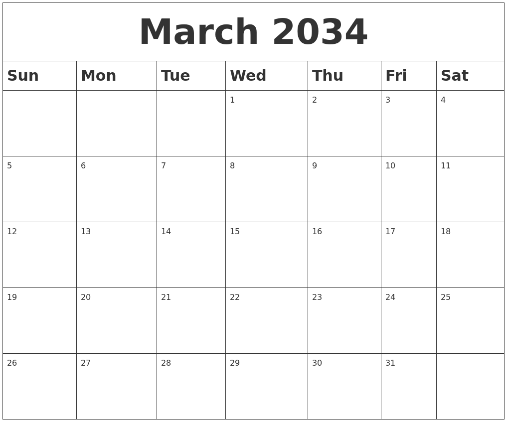 March 2034 Blank Calendar