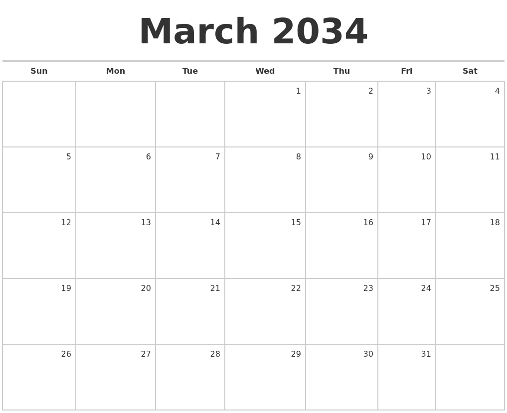 March 2034 Blank Monthly Calendar
