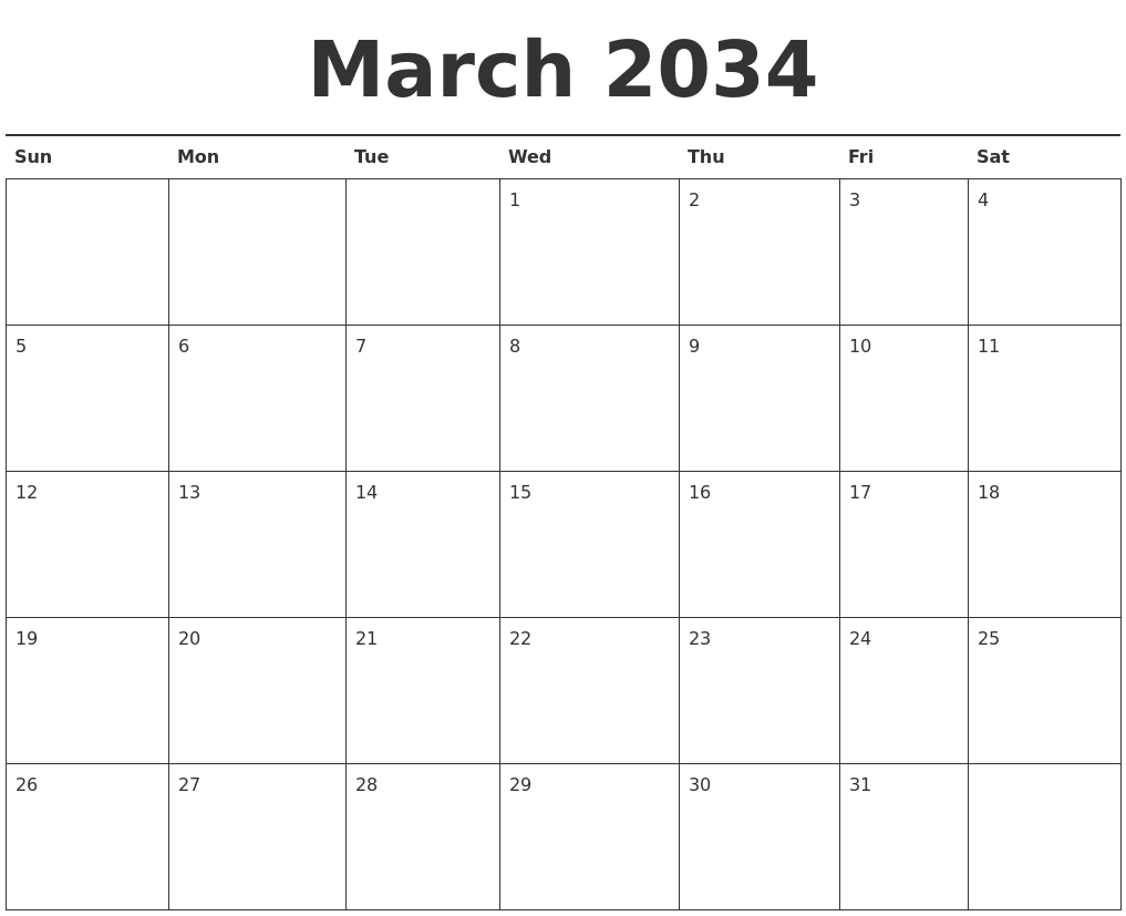 March 2034 Calendar Printable