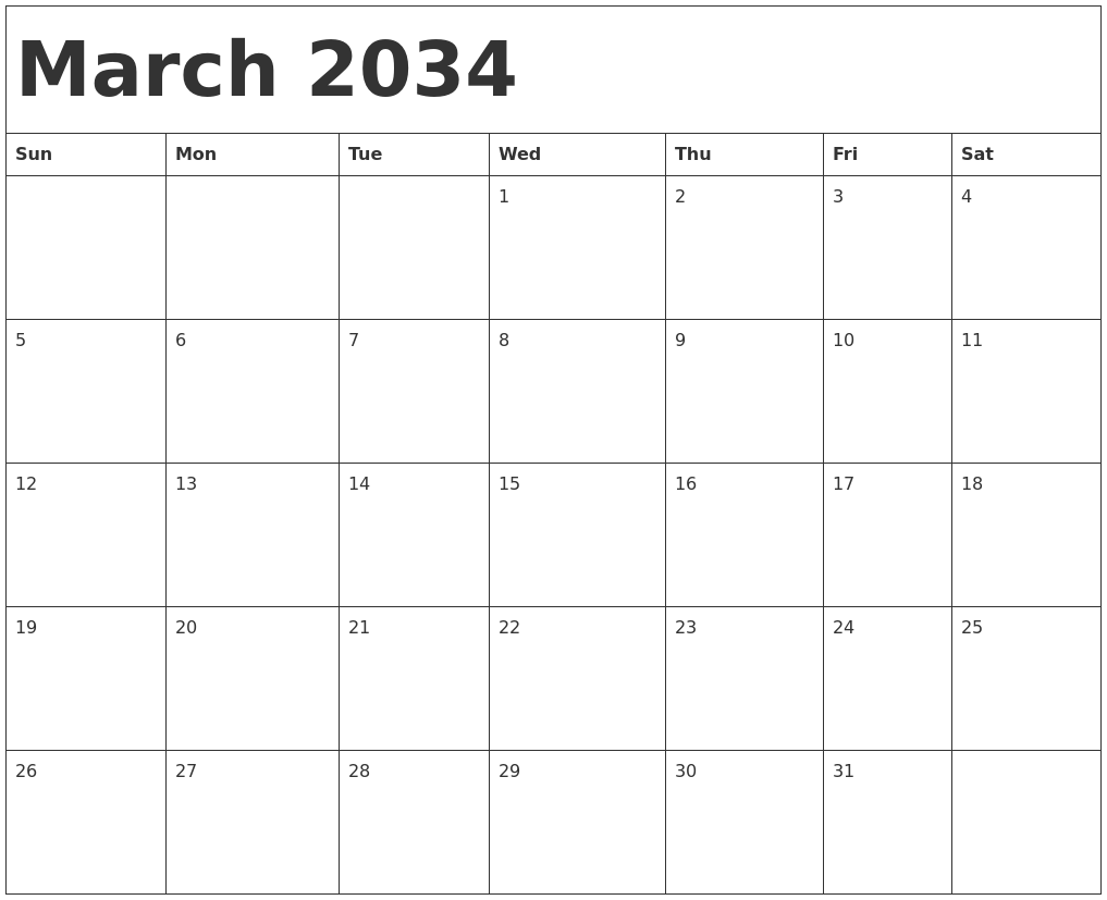 March 2034 Calendar Template