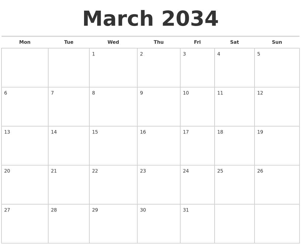 March 2034 Calendars Free