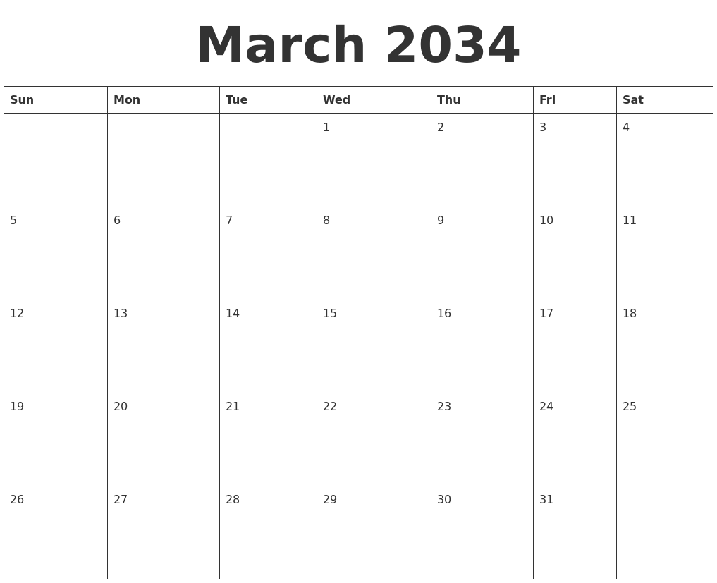 March 2034 Editable Calendar Template