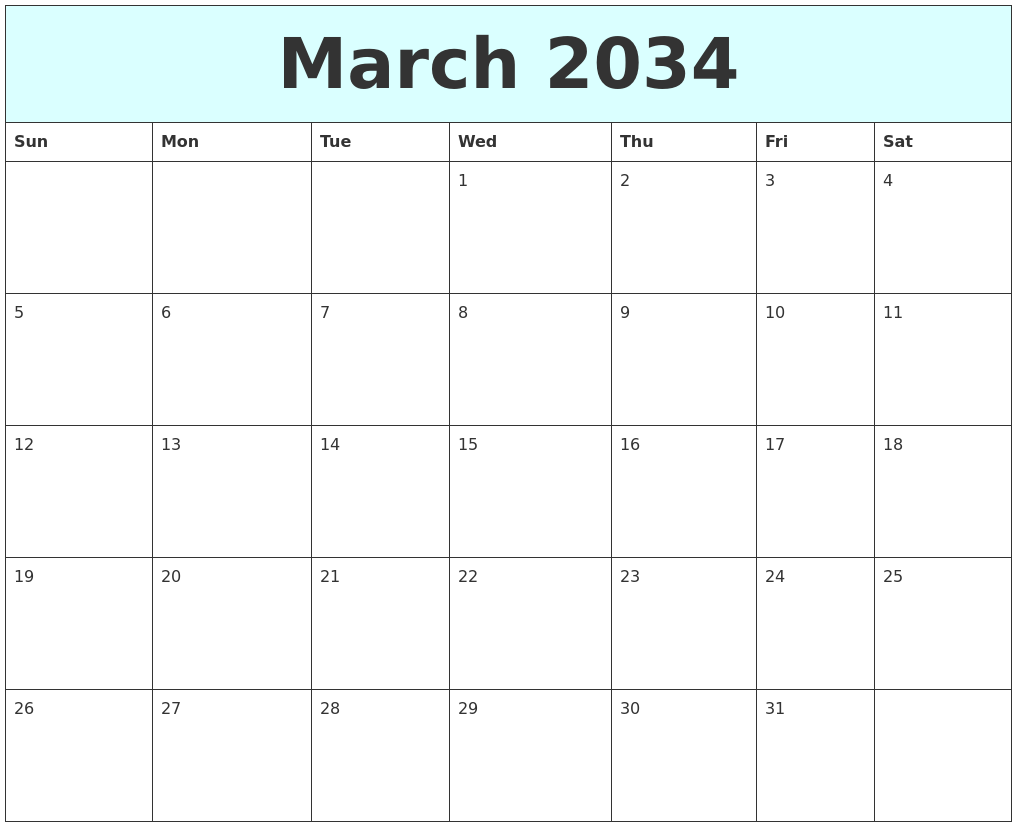 March 2034 Free Calendar