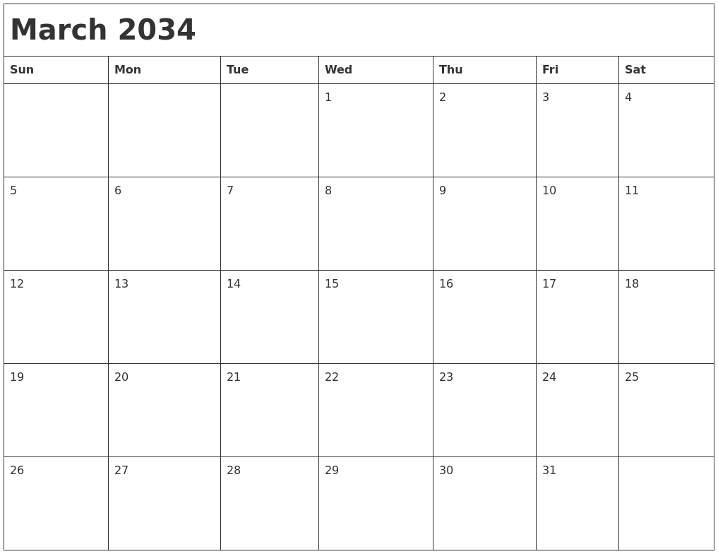March 2034 Month Calendar