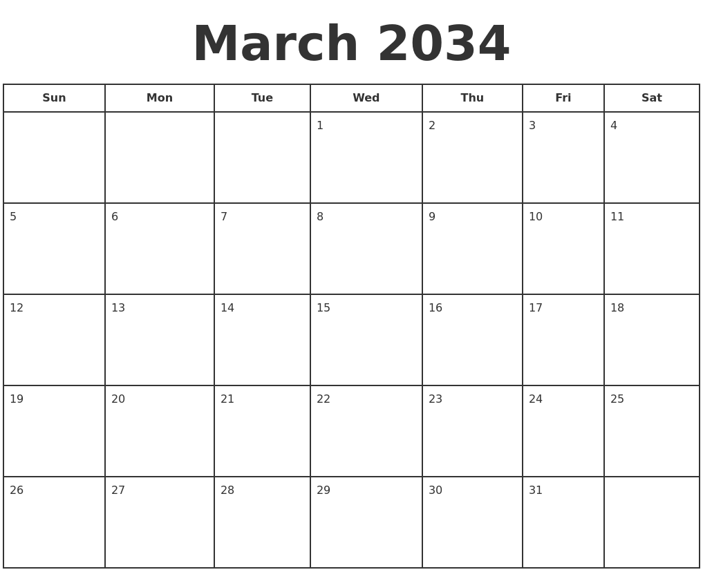 March 2034 Print A Calendar