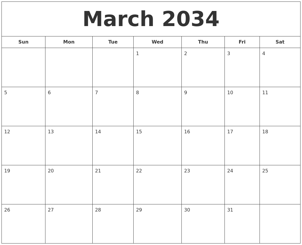 March 2034 Printable Calendar