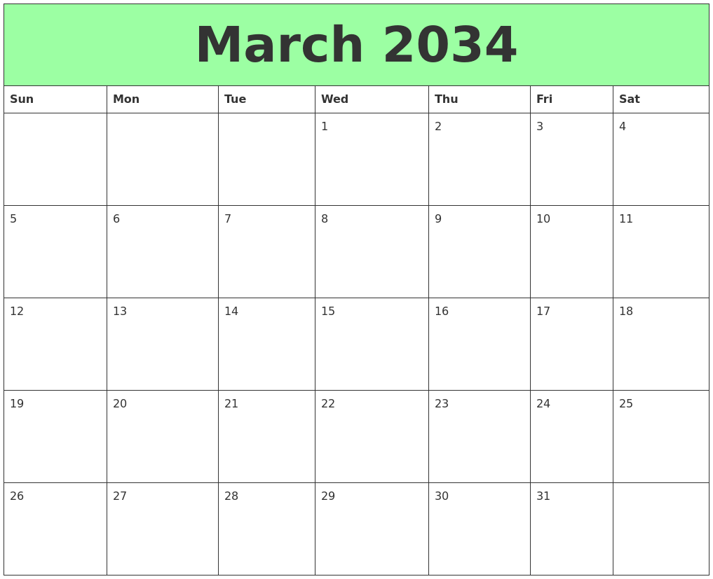 March 2034 Printable Calendars