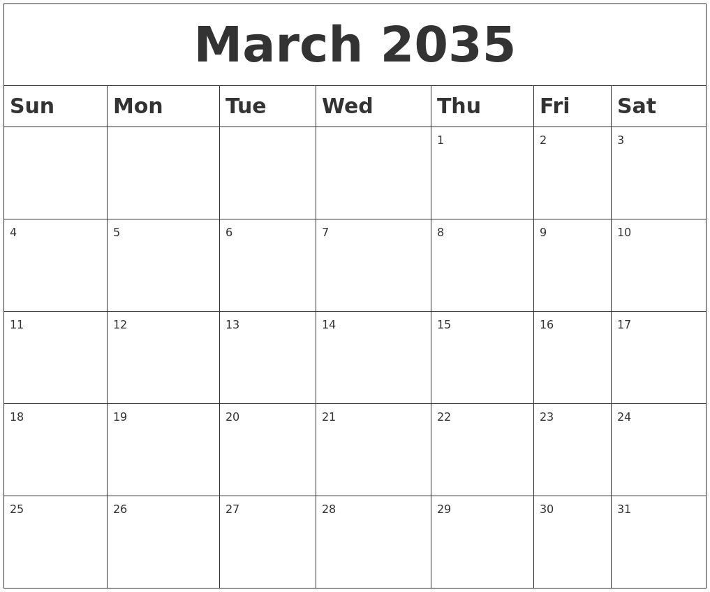 March 2035 Blank Calendar