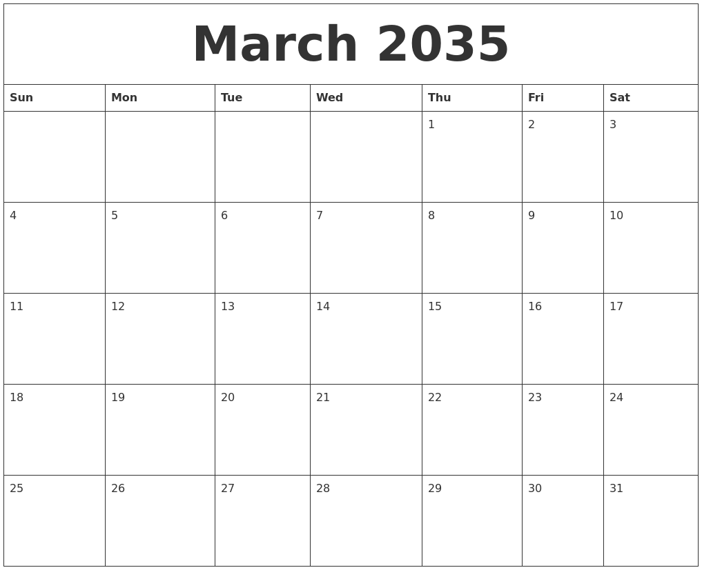March 2035 Blank Monthly Calendar Pdf