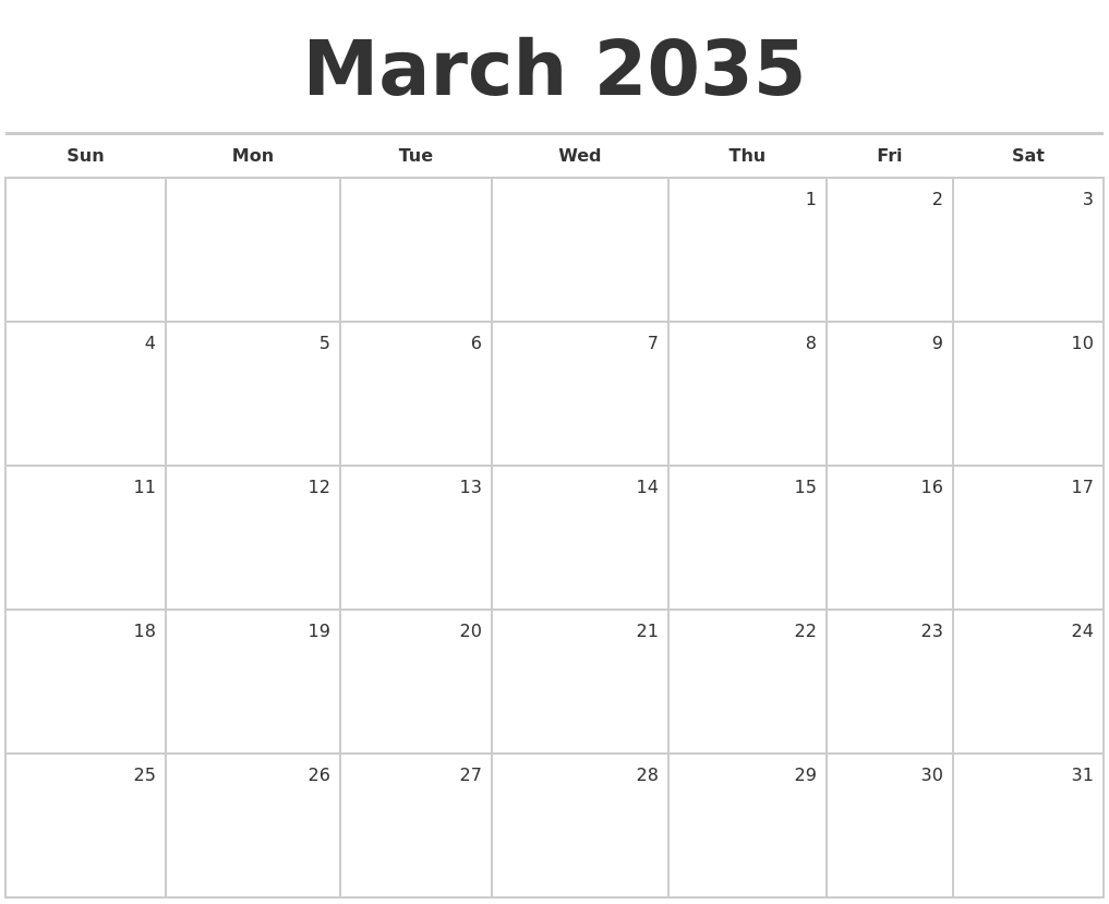 March 2035 Blank Monthly Calendar