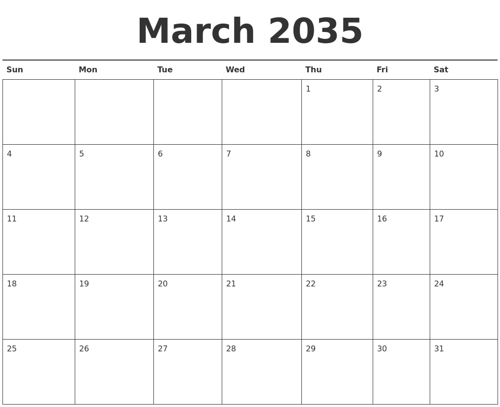 March 2035 Calendar Printable