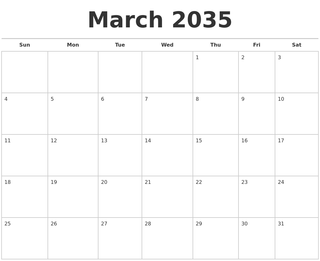 March 2035 Calendars Free