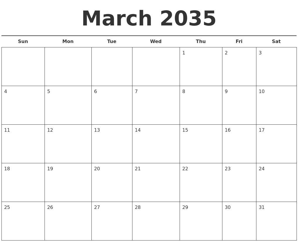 March 2035 Free Calendar Template