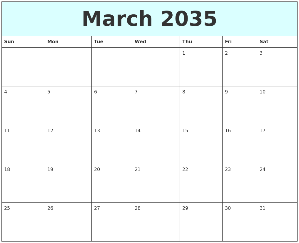 March 2035 Free Calendar