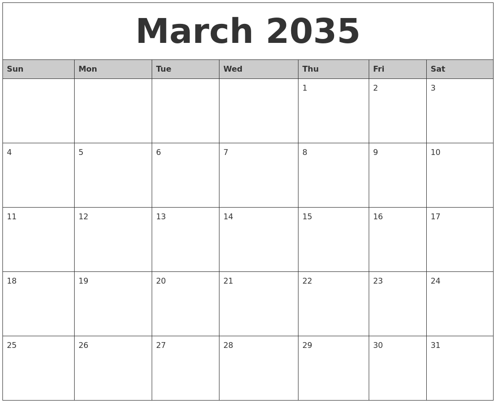March 2035 Monthly Calendar Printable