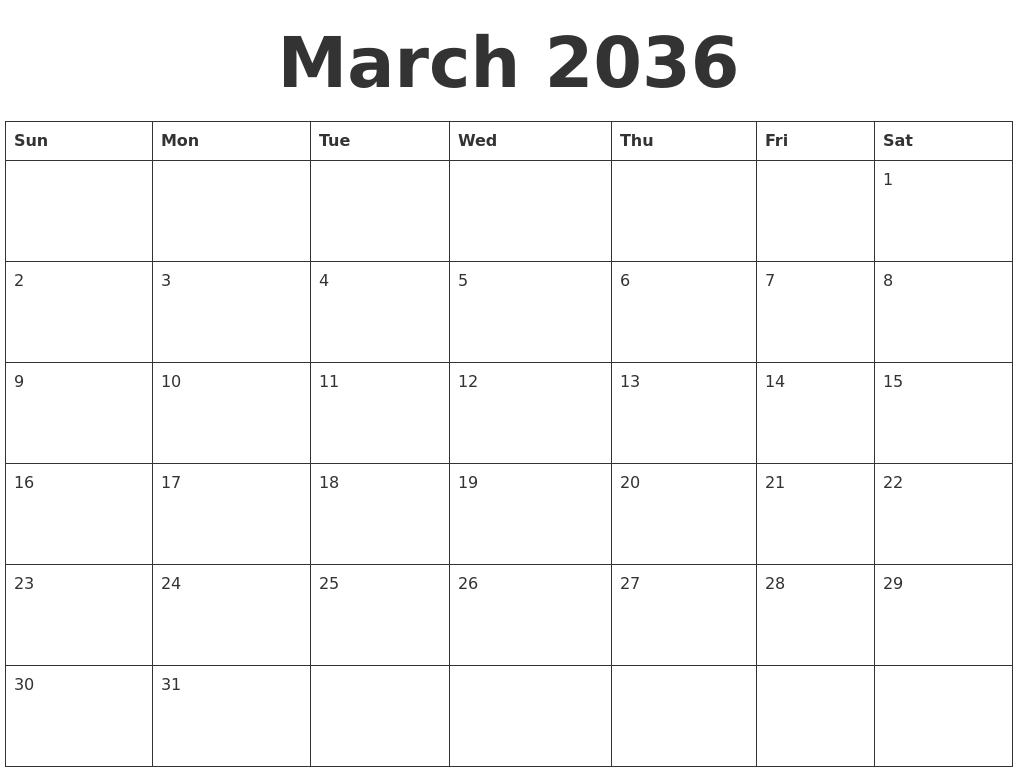 March 2036 Blank Calendar Template
