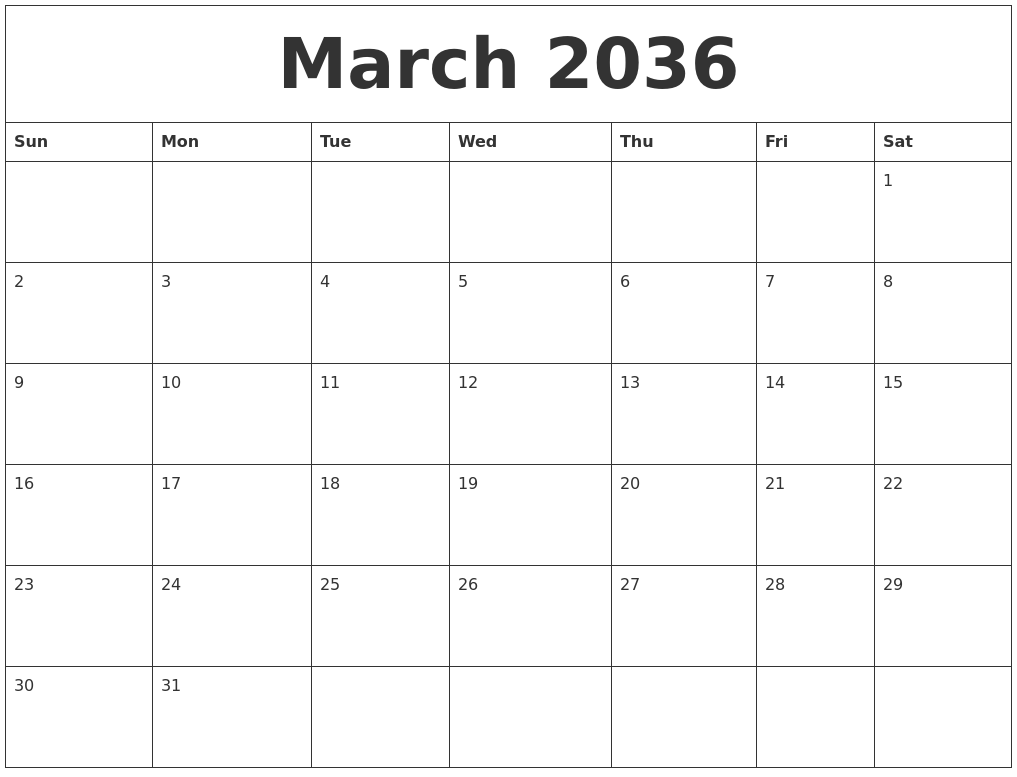 March 2036 Blank Monthly Calendar Pdf