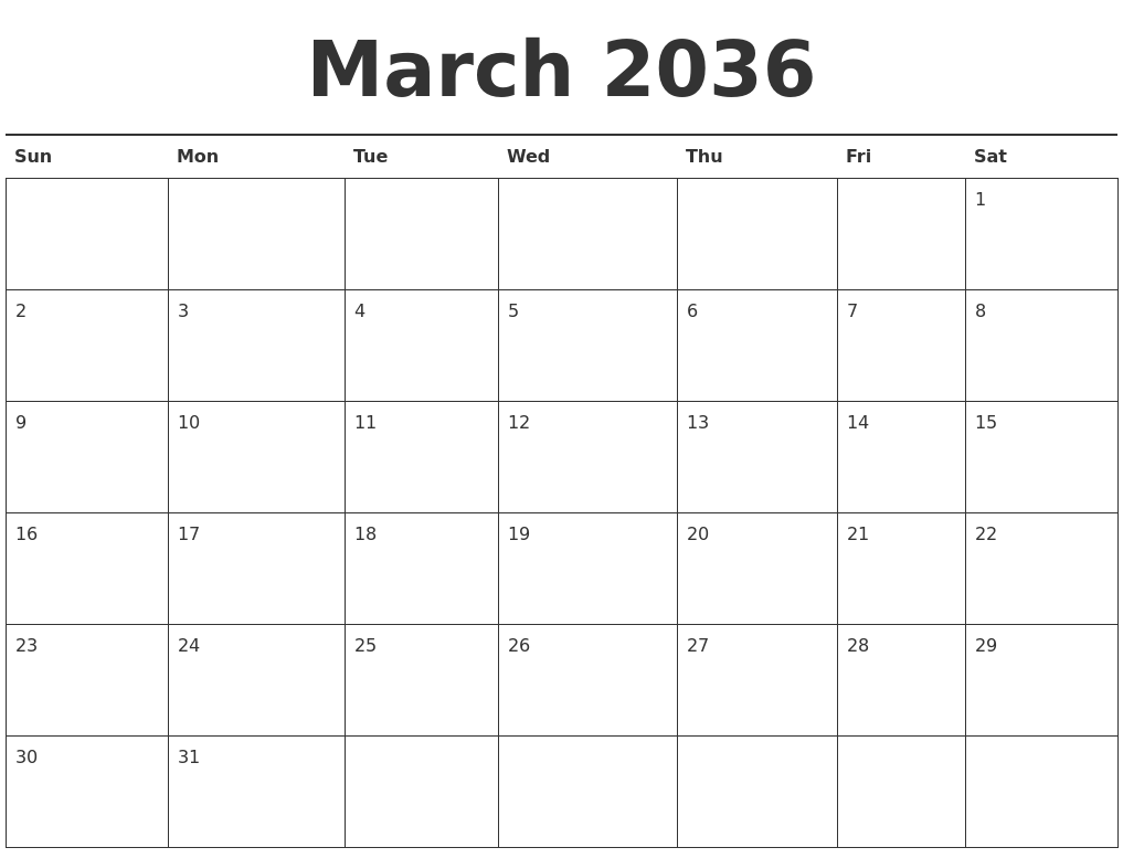 March 2036 Calendar Printable