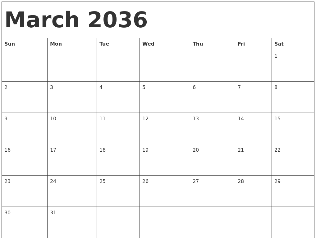 March 2036 Calendar Template