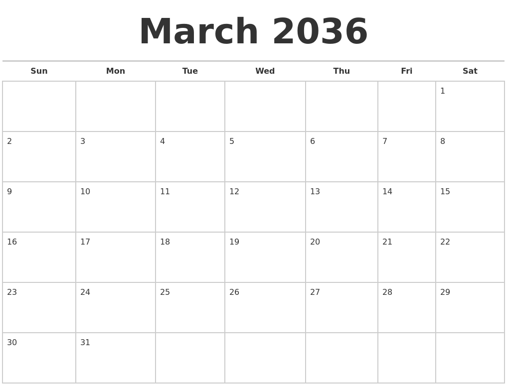 March 2036 Calendars Free