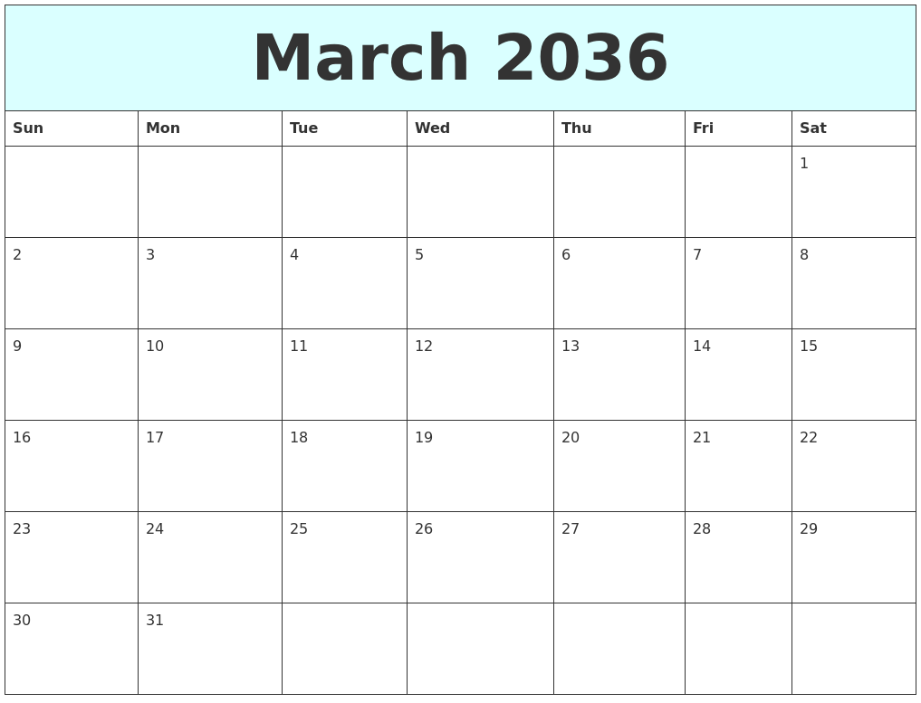 March 2036 Free Calendar