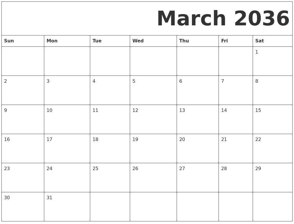 March 2036 Free Printable Calendar