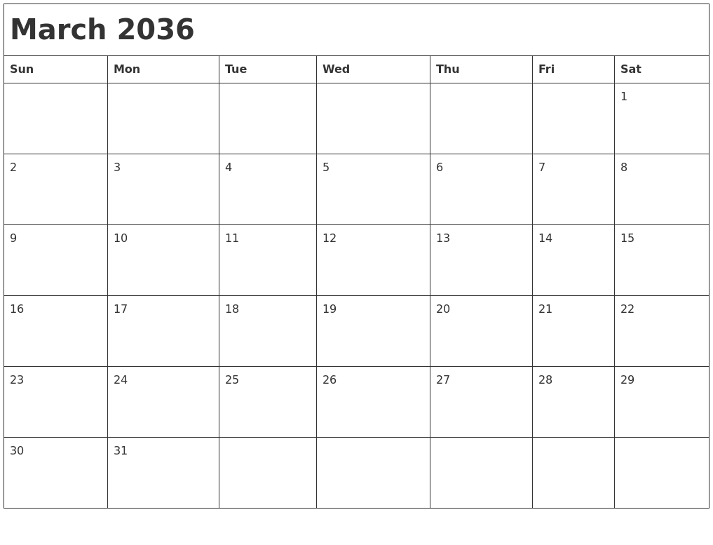 March 2036 Month Calendar