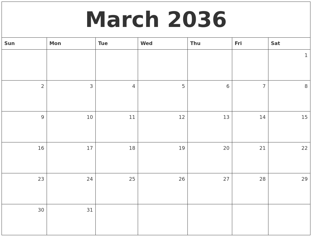 March 2036 Monthly Calendar