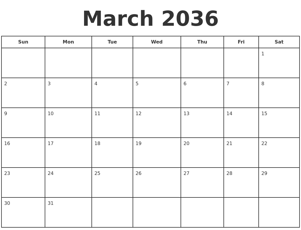 March 2036 Print A Calendar